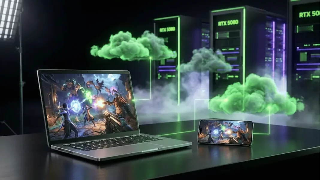 NVIDIA GeForce NOW cloud gaming with RTX 5080 servers streaming AAA games to laptop with green holographic cloud technology