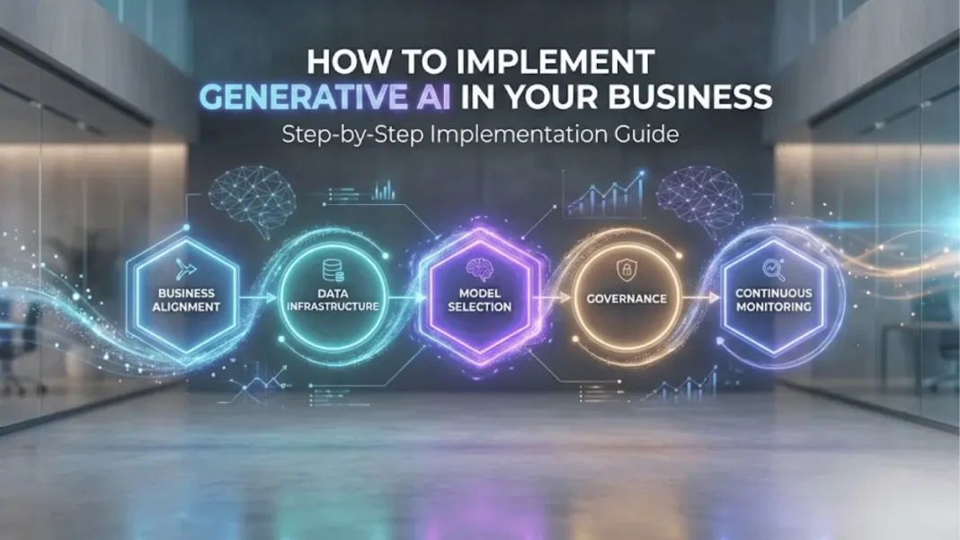 Professional hero image showing a holographic five-phase generative AI implementation framework with glowing nodes connected by data streams against a dark blue neural network background, with the headline 