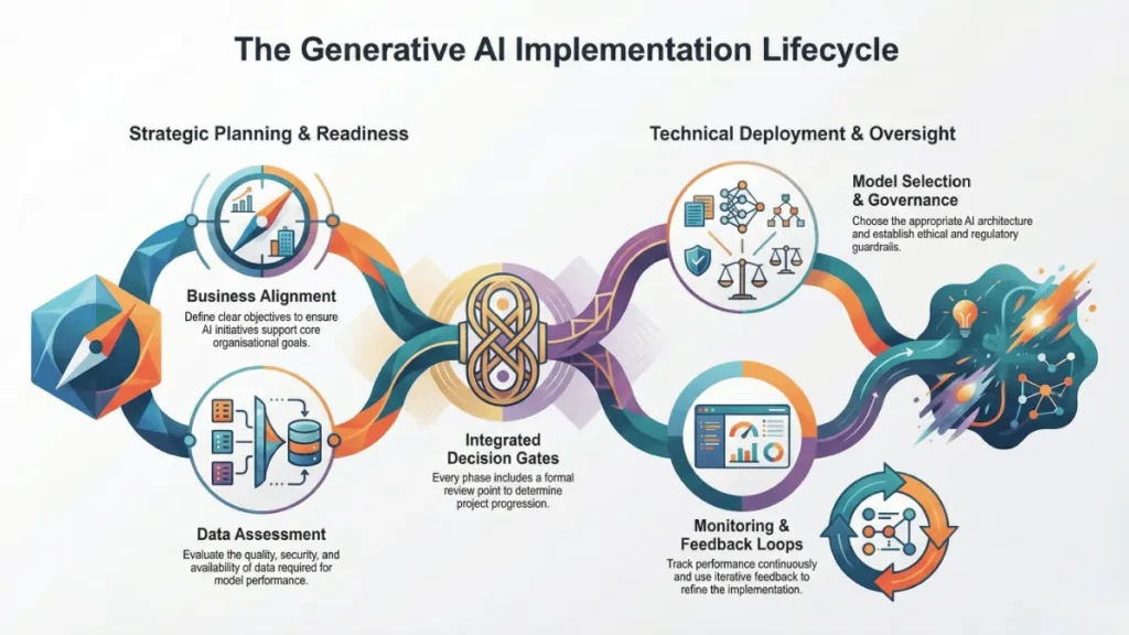 Generative AI implementation framework flowchart showing five phases from business alignment to continuous monitoring