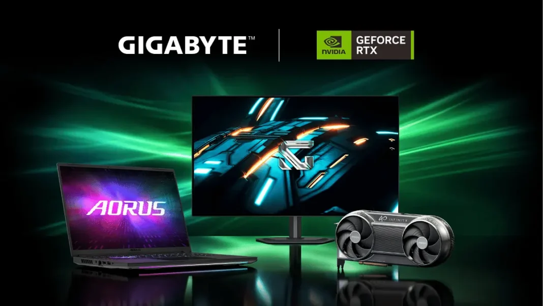 GIGABYTE AORUS GeForce RTX 5090 INFINITY graphics card featuring WINDFORCE HYPERBURST cooling system with circular heatsink design and RGB lighting, showcasing NVIDIA Blackwell architecture