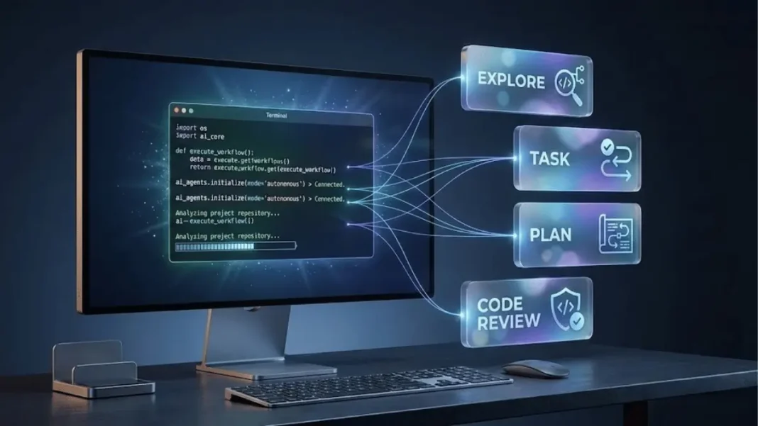 GitHub Copilot CLI terminal interface showing four autonomous AI agents - Explore, Task, Plan, and Code-review - with holographic cards connected by glowing workflow lines on navy blue background