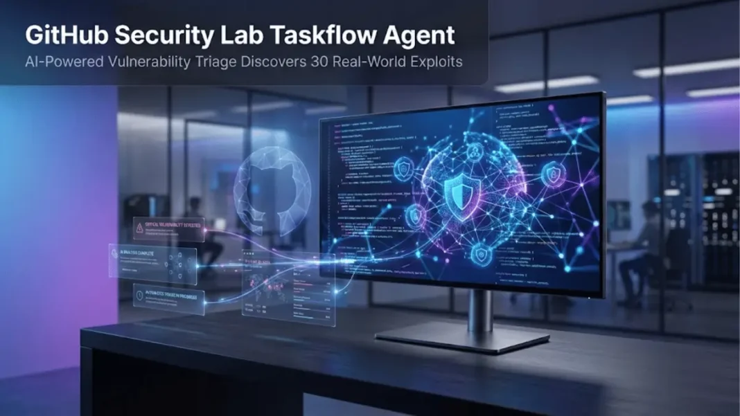 GitHub Security Lab Taskflow Agent AI framework visualization showing automated vulnerability triage system with neural network patterns, security alerts, and code analysis on dark blue background