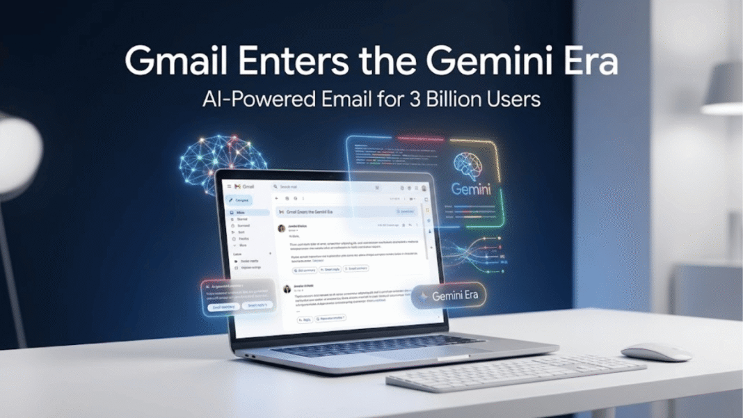 Gmail interface showing Gemini AI features including AI Overviews and AI Inbox on laptop screen with holographic neural network elements