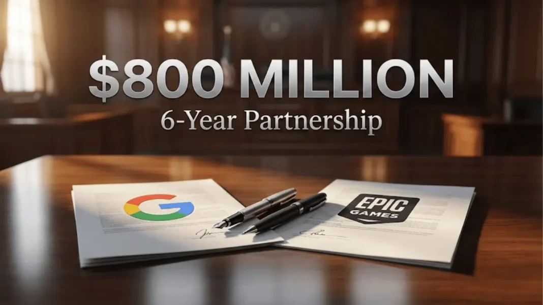 Google and Epic Games $800 million partnership deal documents with company logos in courtroom setting January 2026