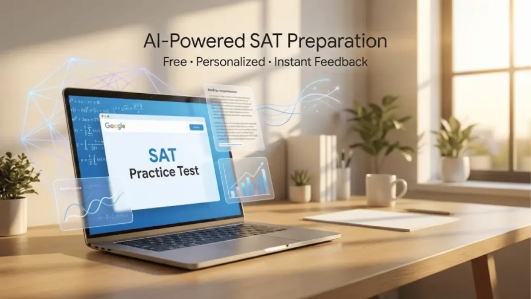 Student using Google Gemini AI assistant for SAT practice test preparation with holographic interface showing math problems and personalized feedback on laptop screen