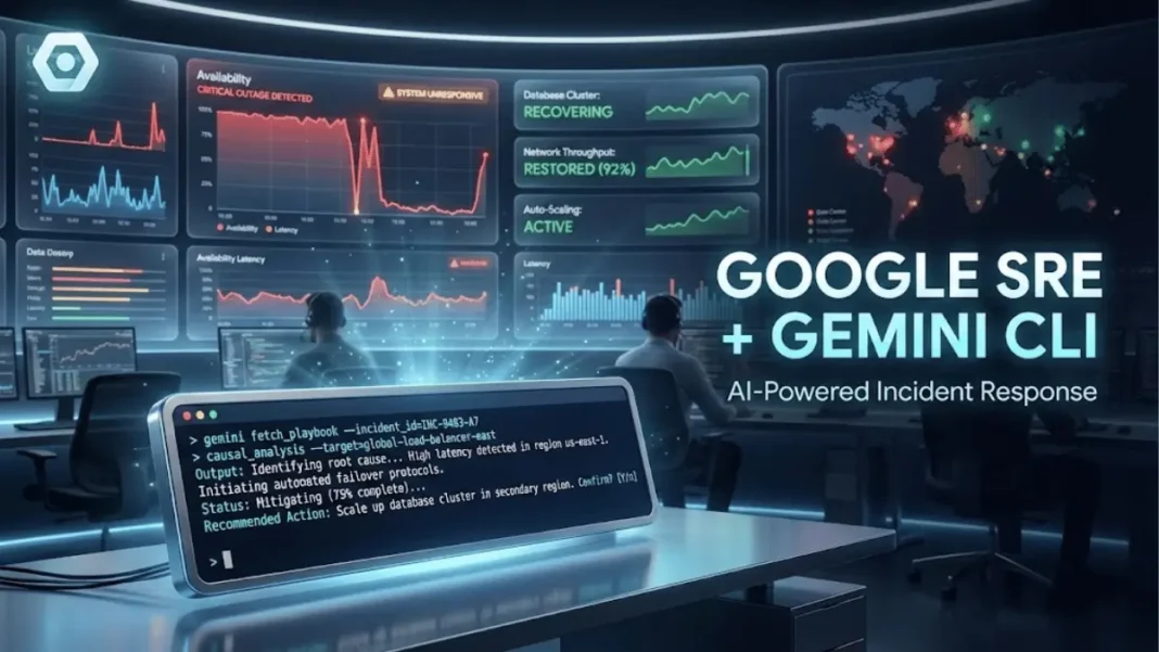 Google SRE command center with Gemini CLI terminal showing AI-powered incident response and real-time monitoring dashboards