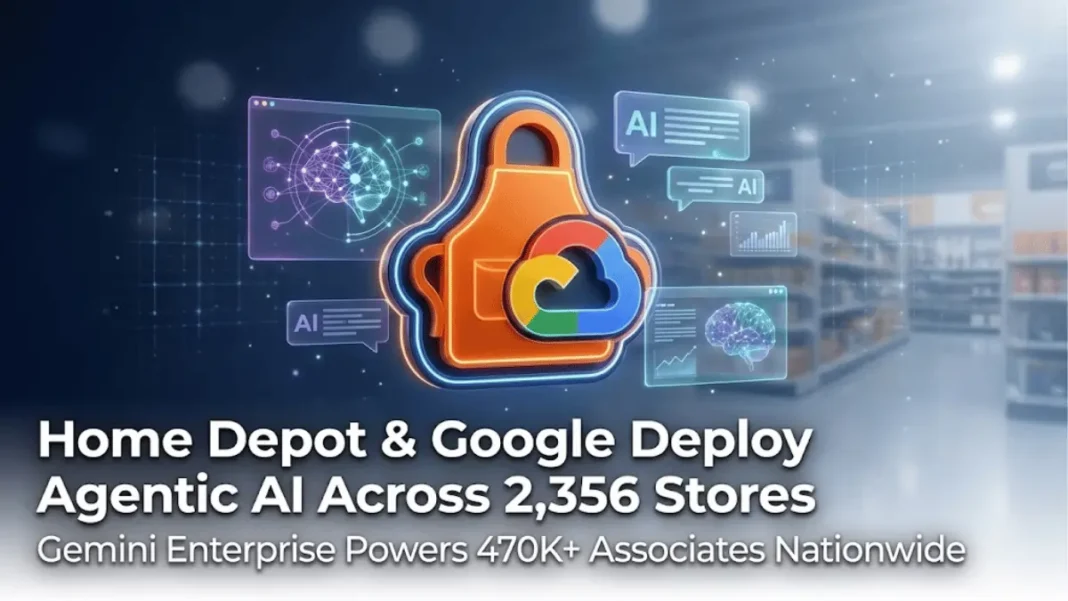 Home Depot and Google Cloud agentic AI partnership visualization showing Gemini Enterprise deployment across 2,356 retail stores with holographic interface elements