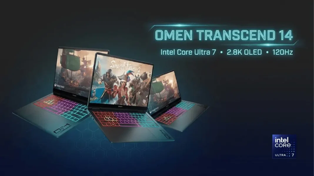 HP OMEN Transcend 14 gaming laptop with Intel Core Ultra 7-255H processor, NVIDIA RTX 5050 graphics, 2.8K OLED display, and RGB backlit keyboard on studio background