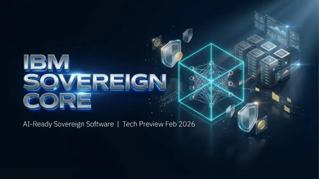 IBM Sovereign Core AI-ready sovereign software platform announcement hero image with secure data center visualization, geometric shield patterns, and blue holographic interface elements on navy gradient background