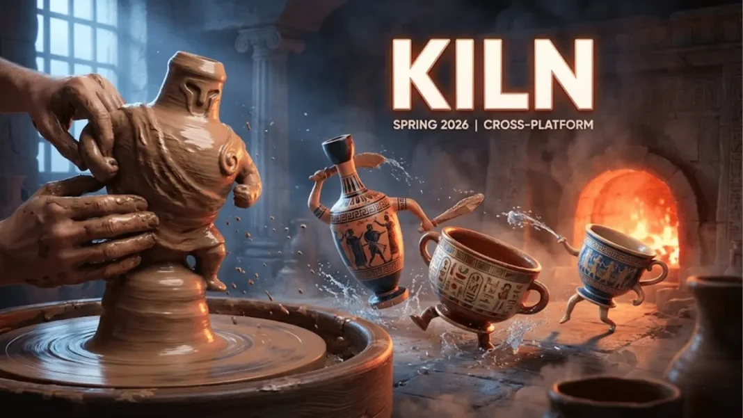 Kiln gameplay showing pottery wheel crafting clay warriors with ancient Greek-Egyptian patterns in mystical kiln environment