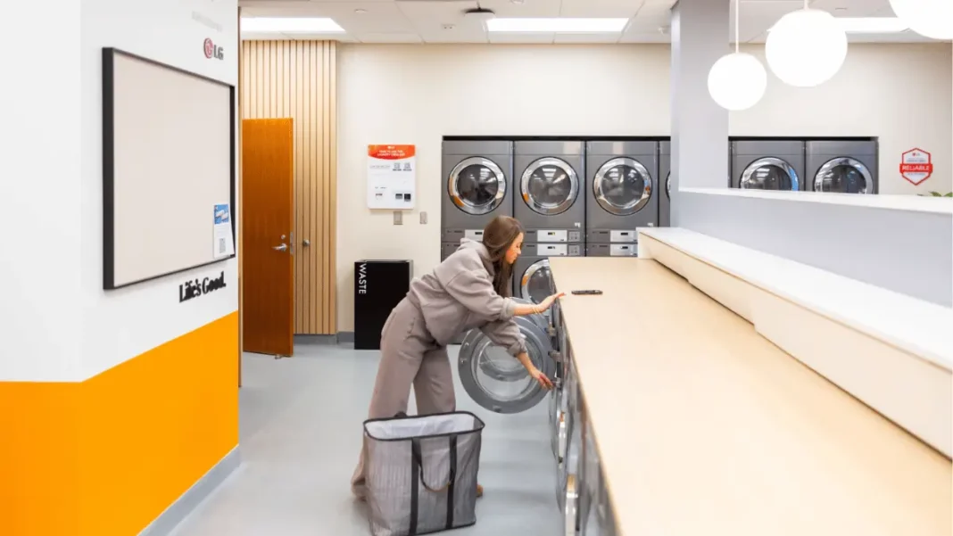 LG Laundry Lounge at University of Tennessee Fred Brown Hall with commercial washers, OLED TV, and student study amenities