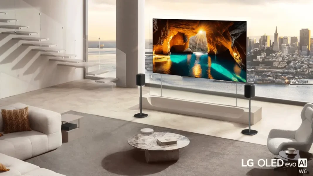 LG OLED evo W6 Wallpaper TV mounted on wall showing 9mm ultra-thin wireless design at CES 2026