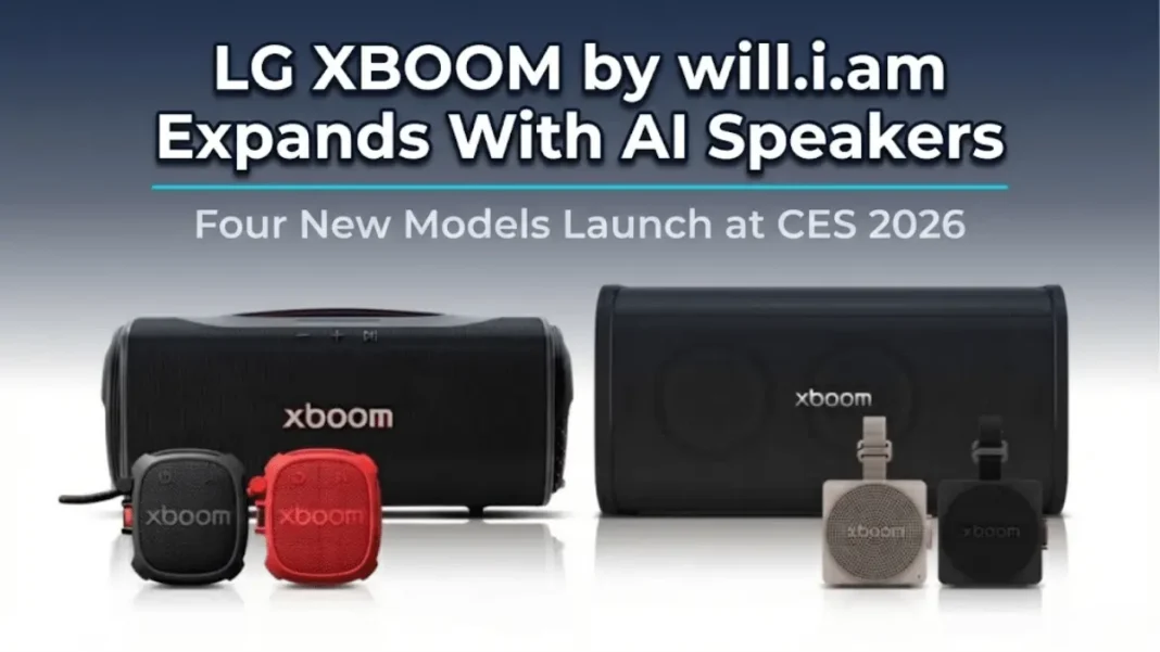 LG XBOOM by will.i.am portable speaker lineup featuring Stage 501, Blast, Mini, and Rock models with AI sound technology unveiled at CES 2026