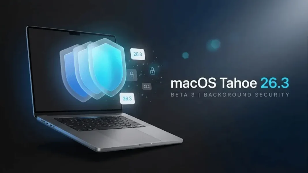 MacBook Pro displaying macOS Tahoe 26.3 interface with layered security shields and background security framework visualization