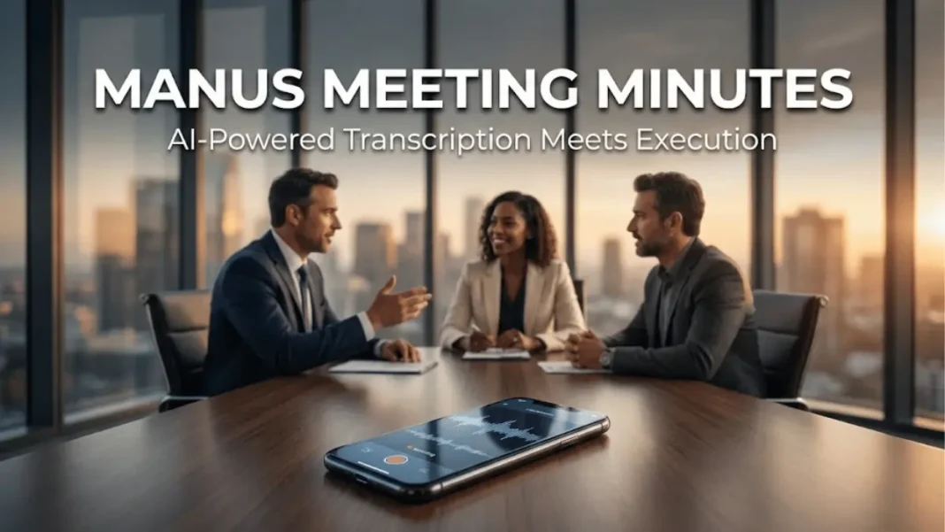 Manus AI Meeting Minutes feature showing business professionals in boardroom with smartphone displaying AI transcription interface and waveform patterns