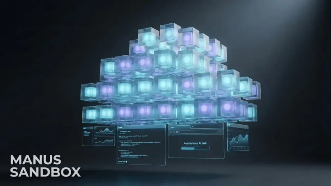 Studio-quality 16:9 hero image showing a holographic cloud of glowing cubes symbolizing Manus Sandbox, Meta’s isolated cloud computer for autonomous AI agents.
