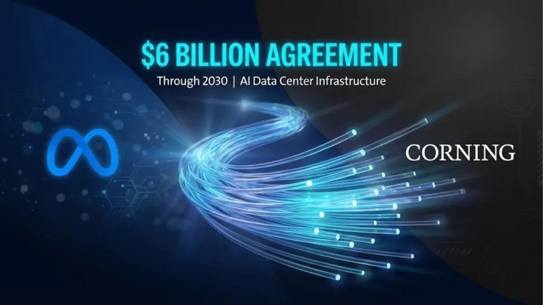 Meta and Corning $6 billion fiber optic cable agreement visualization showing glowing blue fiber cables connecting Meta logo to Corning logo for AI data center infrastructure through 2030