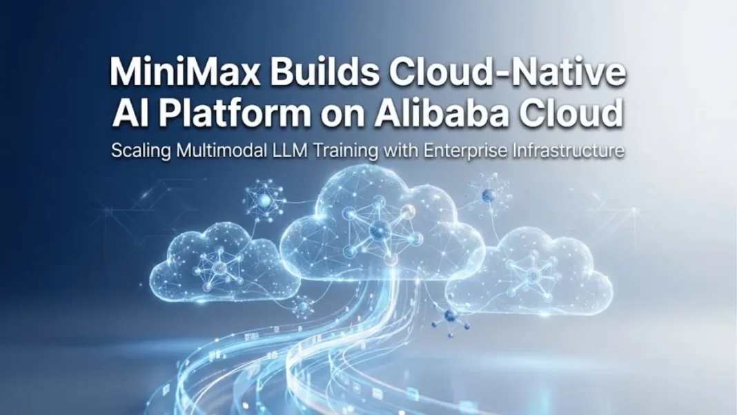 MiniMax cloud-native AI platform on Alibaba Cloud with holographic neural network visualizations and data streams representing multimodal LLM training infrastructure