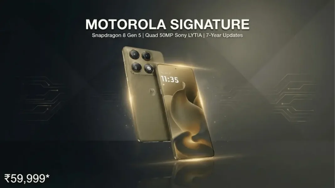 Motorola Signature flagship smartphone with 6.8-inch LTPO AMOLED display, Snapdragon 8 Gen 5 processor, quad 50MP Sony LYTIA camera system, and fabric-textured aluminum body in Pantini Martini Olive colorway, launched in India at ₹59,999