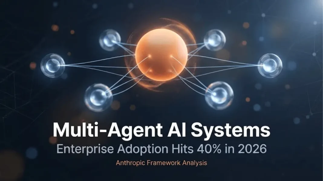 Visualization of Anthropic's orchestrator-subagent multi-agent AI architecture showing central amber orchestrator sphere connected to blue subagent nodes against dark background with text 