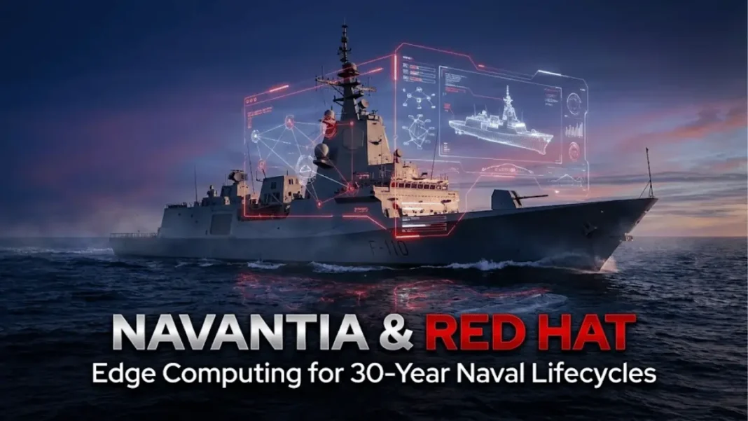 Modern naval warship with holographic edge computing network overlay representing Navantia and Red Hat partnership for 30-year lifecycle naval defense systems modernization