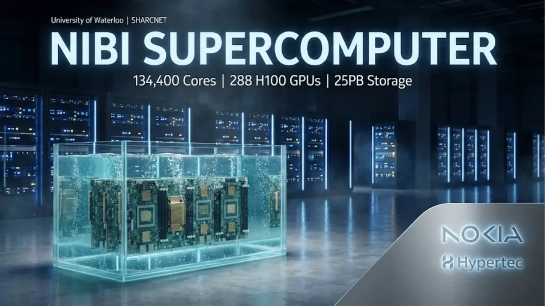 Nokia and Hypertec Nibi supercomputer datacenter featuring Nvidia H100 GPUs in immersion cooling tanks with blue liquid at University of Waterloo SHARCNET facility