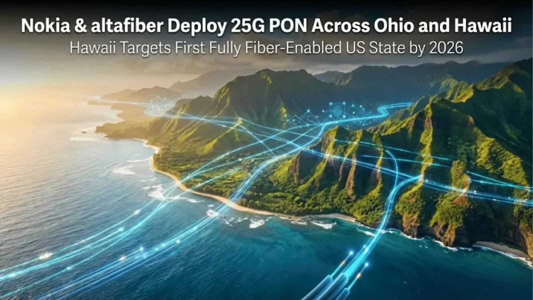 Nokia and altafiber deploy 25G PON fiber network across Hawaii coastline with glowing blue connectivity visualization overlay