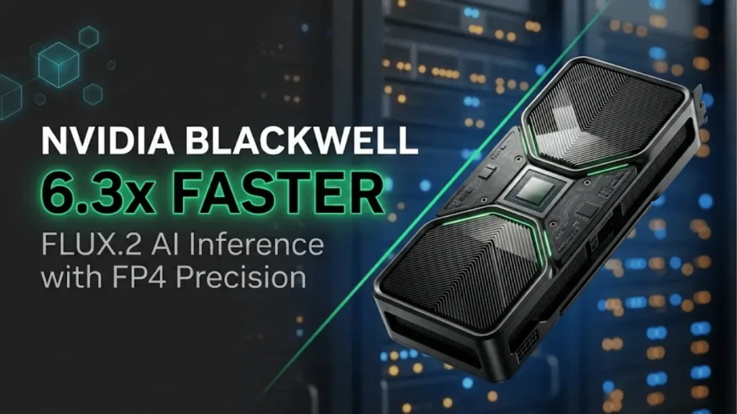 NVIDIA Blackwell B200 data center GPU achieving 6.3x inference speedup for FLUX.2 AI image generation with FP4 precision technology