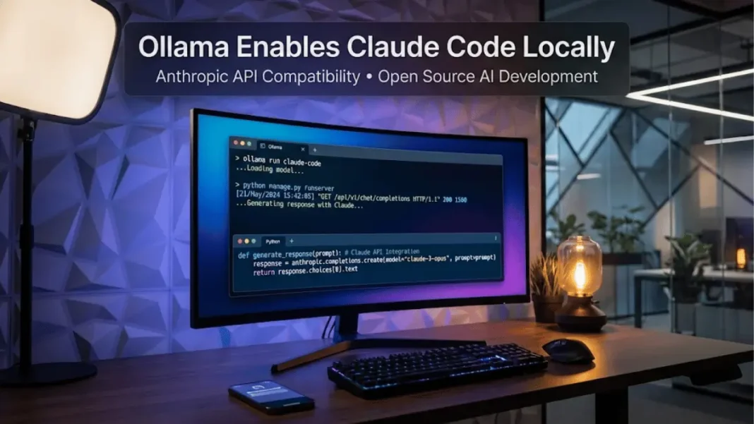 Developer workspace showing Ollama v0.14.0 running Claude Code with Anthropic API compatibility on local terminal, featuring syntax-highlighted code interface and professional studio lighting