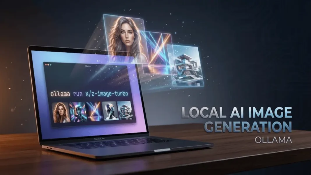 Ollama local AI image generation interface showing Z-Image Turbo and FLUX.2 Klein models on MacBook with holographic visuals