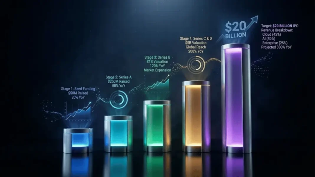 OpenAI multi-stream revenue architecture visualization showing five business verticals scaling from $2B to $20B ARR with interconnected metallic towers and holographic data metrics on dark premium background