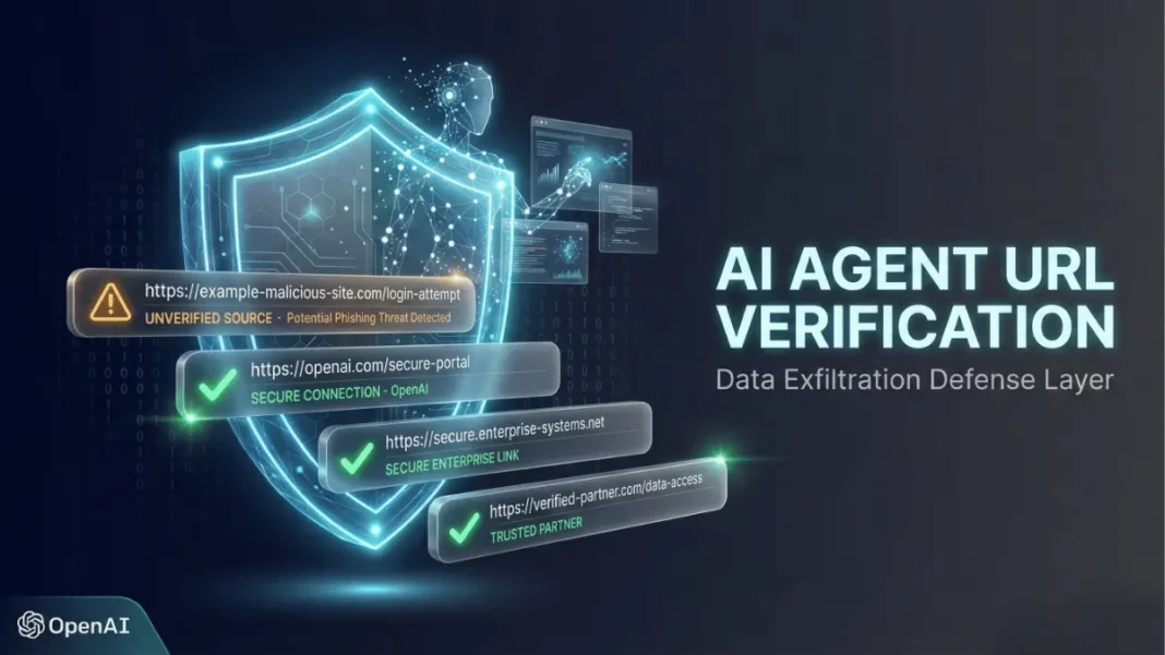 Holographic shield protecting AI agent from malicious URLs with verification checkmarks and warning icons against dark tech background