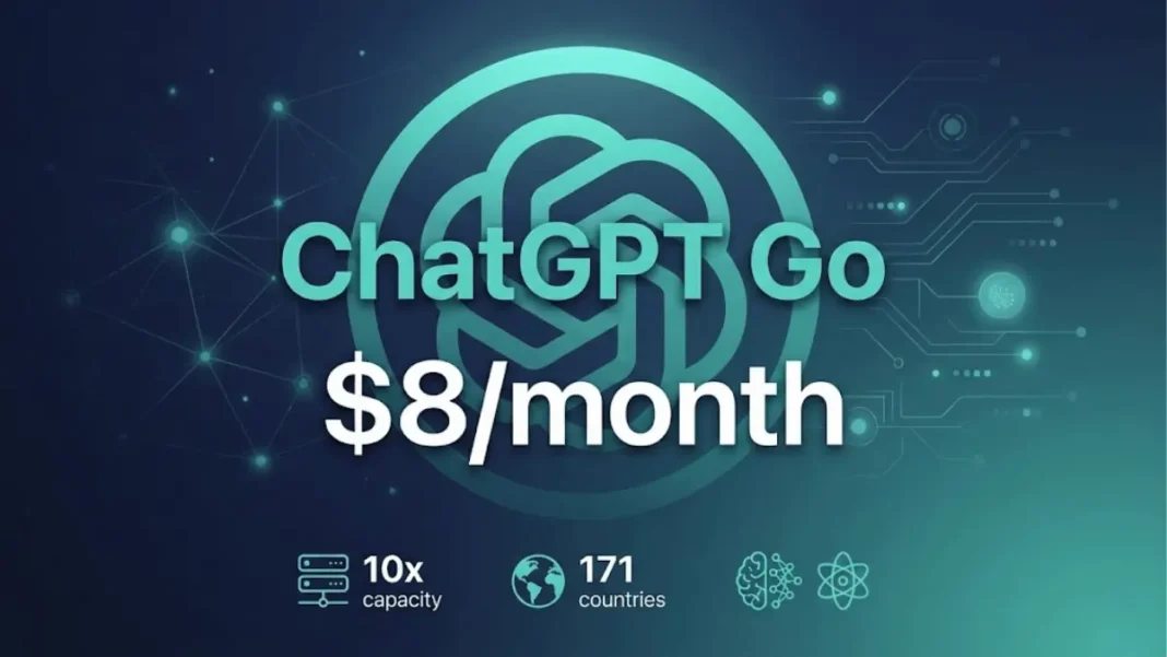 ChatGPT Go global launch hero image showing $8 monthly subscription tier with OpenAI branding and worldwide availability