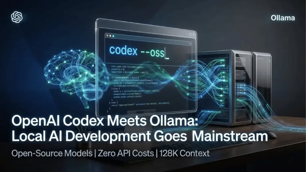 OpenAI Codex CLI terminal displaying code with Ollama integration, showing gpt-oss model deployment against dark gradient background with neural network visualization
