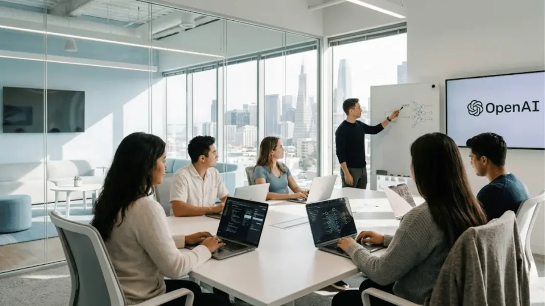 Young entrepreneurs collaborating at modern tech office workspace discussing OpenAI Grove AI startup mentorship program