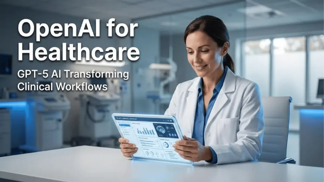 Doctor using ChatGPT for Healthcare on tablet showing GPT-5 AI clinical interface with medical data and evidence-based citations in modern hospital setting