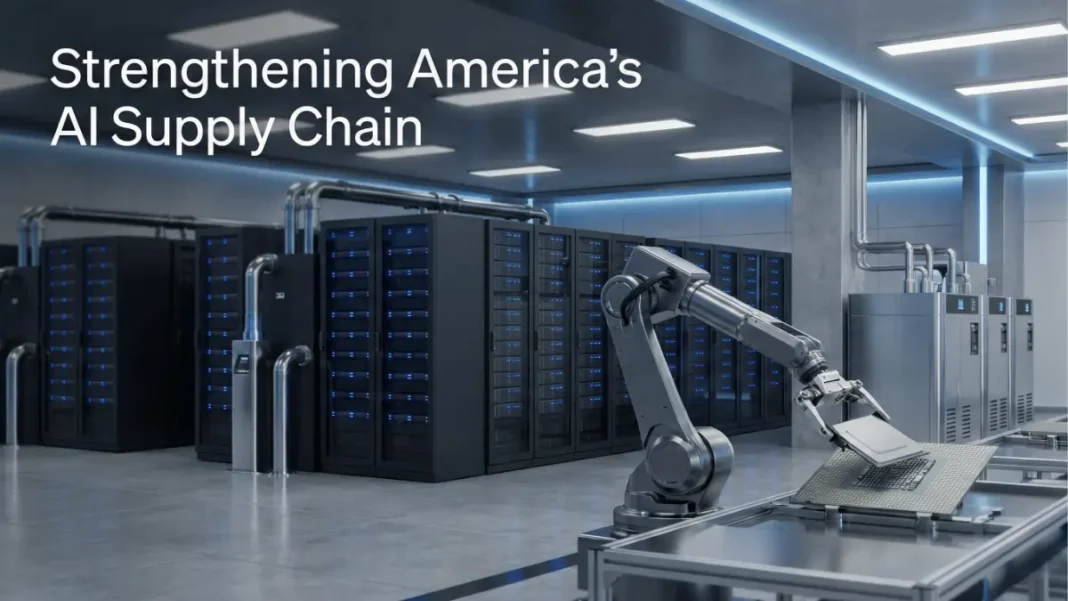 Studio-quality illustration of US-based AI data center infrastructure and advanced hardware manufacturing supporting OpenAI’s domestic AI supply chain initiative.