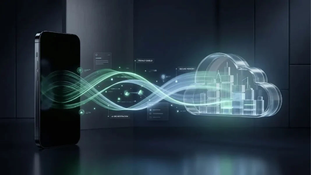 OPPO smartphone and cloud data center connected by luminous AI data streams, symbolizing OPPO and Google Cloud’s AIOS, privacy, and confidential computing collaboration.