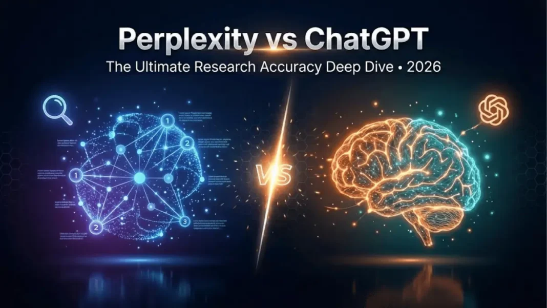 Perplexity AI versus ChatGPT comparison hero image showing split-screen design with citation network visualization on left in blue tones and neural reasoning pathways on right in orange tones, with bold headline text for research accuracy deep dive 2026