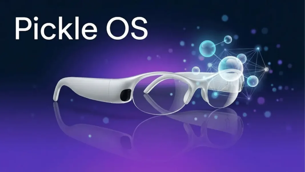 Pickle 1 AR glasses in silver aluminum with holographic infinite memory visualization