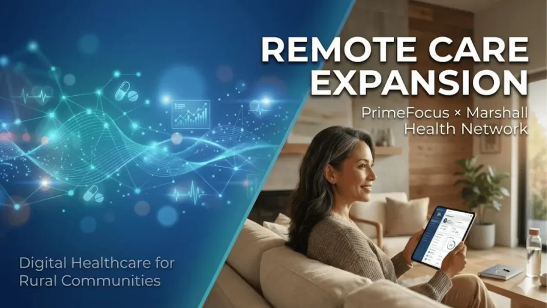 Digital healthcare network visualization connecting rural patient using remote cancer monitoring tablet with PrimeFocus Health and Marshall Health Network partnership for breast cancer care.
