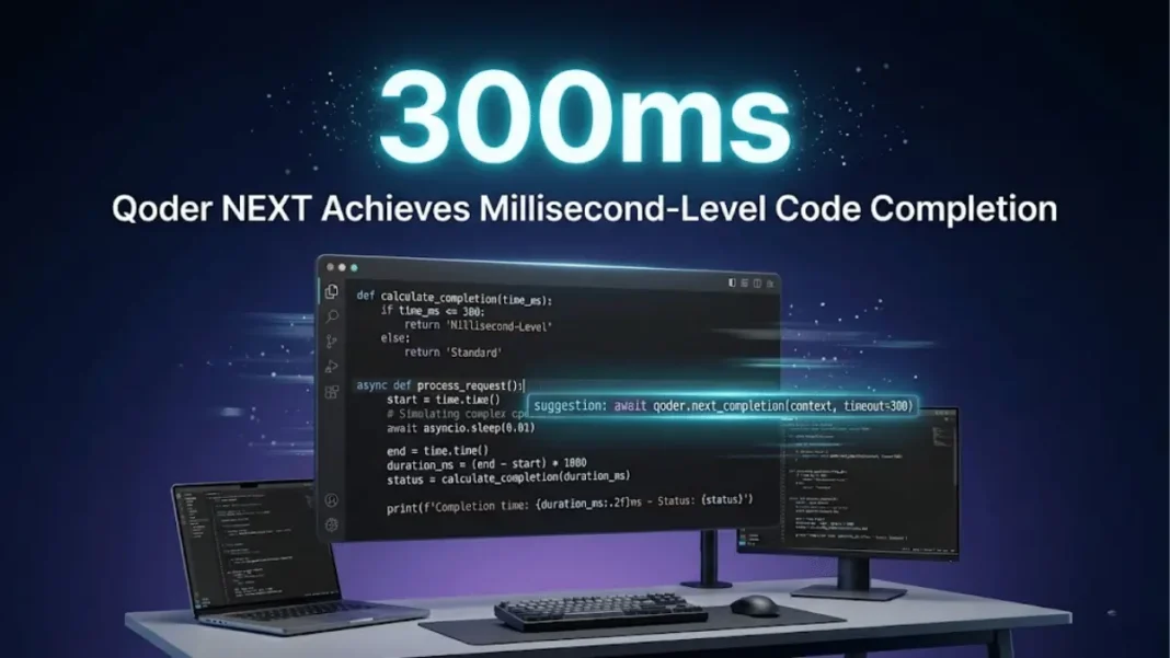 Alibaba Cloud Qoder NEXT code completion interface showing 300ms latency achievement with glowing autocomplete suggestions on dark code editor background