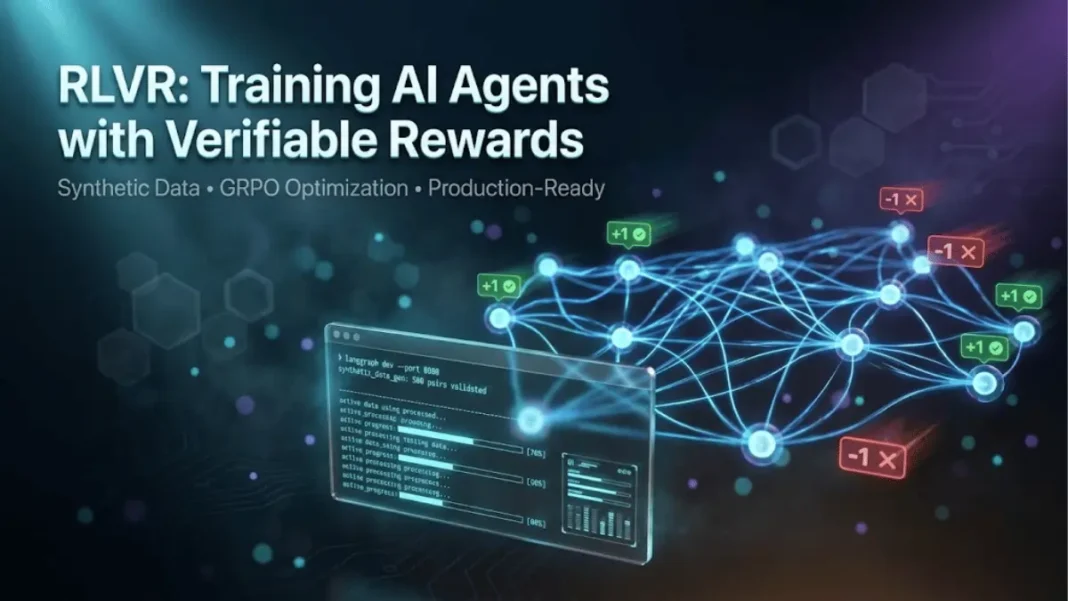 Cinematic visualization of RLVR AI agent training pipeline with holographic terminal, neural networks, and verifiable reward signals