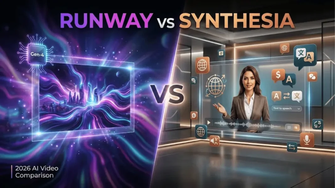 Runway vs Synthesia 2026 split-screen comparison showing generative AI video creation interface on left and avatar-based video platform on right with glowing VS divider