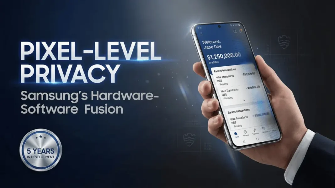 Samsung pixel-level privacy display technology blocking shoulder surfing on Galaxy smartphone with Knox security integration