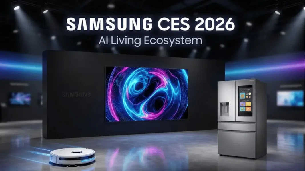 Samsung CES 2026 showcase featuring 130-inch Micro RGB TV with Vision AI Companion, Family Hub refrigerator with Google Gemini AI, and Bespoke AI Jet Bot robot vacuum in premium exhibition setting