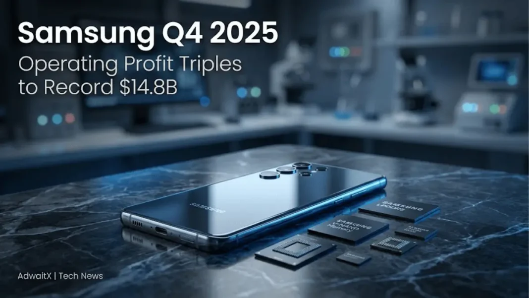 Samsung Electronics Q4 2025 earnings hero image showing memory chips and smartphone on premium surface with text overlay displaying record 20 trillion won operating profit announcement