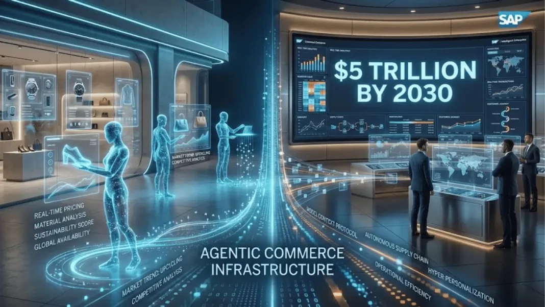SAP agentic commerce AI agents in futuristic retail environment with $5 trillion by 2030 market analytics dashboard