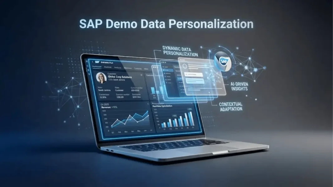 SAP Demo Data Personalization Add-On interface showing AI-powered real-time customization tools for enterprise partner demos