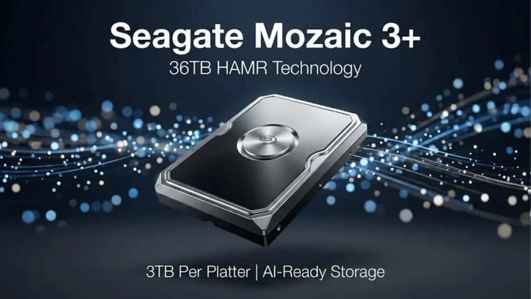 Seagate Mozaic 3+ 36TB HAMR hard drive with AI-ready storage technology featuring 3TB per platter areal density